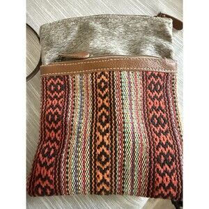 Myra Bag Leather, Aztec Stitched Rug Purse, Cotton Cowhide Crossbody Bag